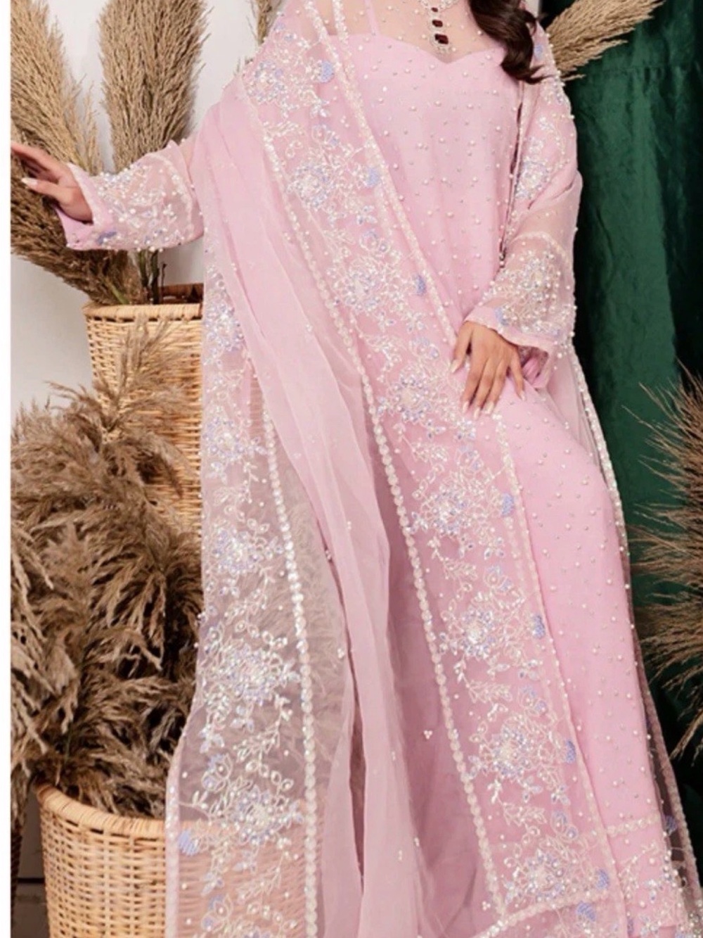 Embellished Blush Pink Maxi Dress with Sheer Embroidered Overlay